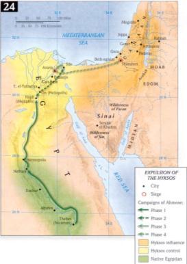 Expulsion of the Hyksos 1551 Ahmose I drives Hyksos from Avaris and pursues into Canaan Amenhotep I expands East siege of Hermopolis against the Hyksos Utility of the foreign invader for Egyptian