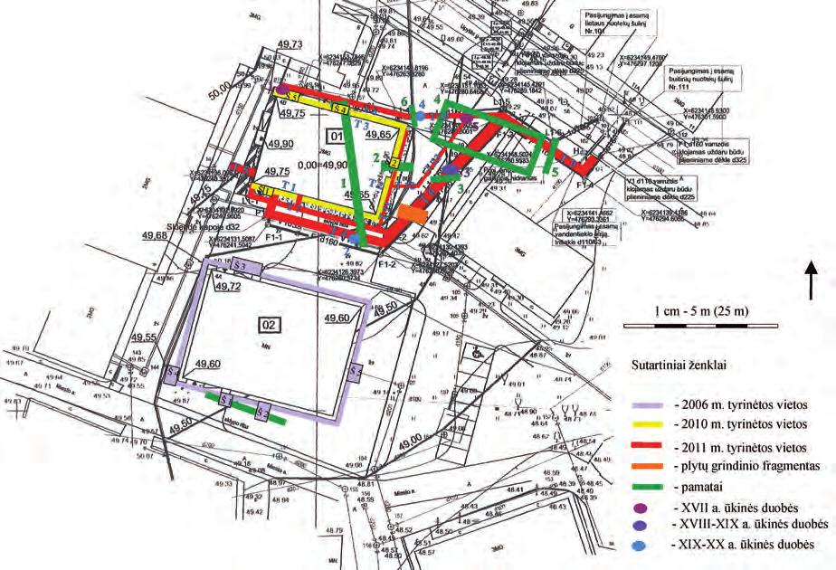 0 5 cm 1 pav. Tirtų plotų 2006 2011 m. Miesto aikštėje 4B situacijos planas: 1 2006 m. tyrinėtos vietos; 2 2010 m. tyrinėtos vietos; 3 2011 m.