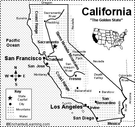 1. What is the capital of California? 2. What ocean borders California on the west? 3. Which country borders southern California? 4.