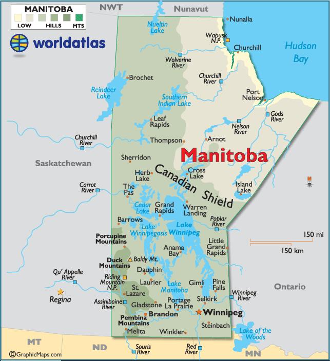 MANITOBA 1. Name the capital of Manitoba. 2. Which large body of water is found at the northeast corner of Manitoba? 3.