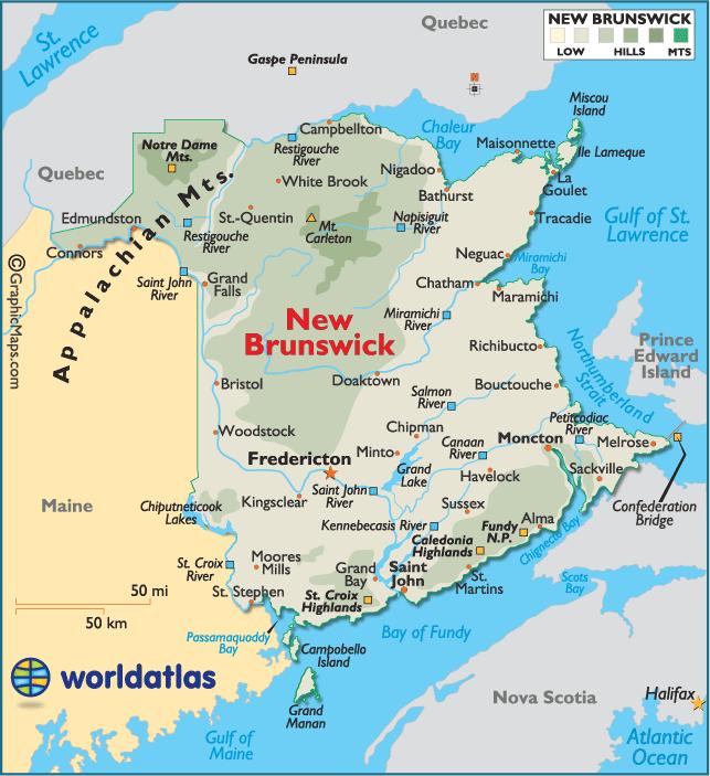 NEW BRUNSWICK 1. What is the capital of New Brunswick? 2. Name the river that flows north-south and creates the natural border with Maine. 3. What is the U.S. state located to the west of New Brunswick?