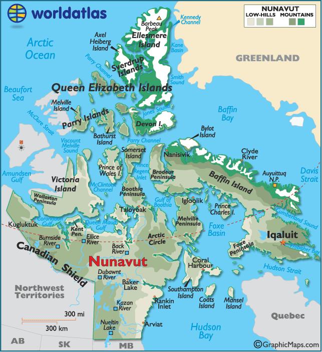 NUNAVUT 1. Name the capital of Nunavut, Canada s largest territory, which was created in 1999. 2. Name the large body of water that separates the northeast part of the territory from Greenland. 3.