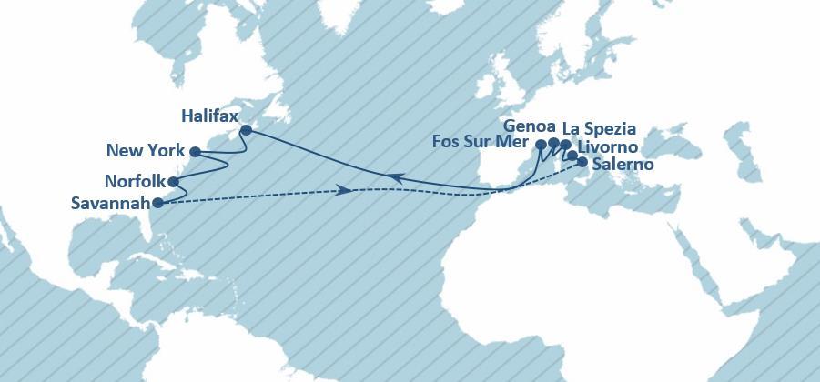 AL6 - Transatlantic Loop 6 (Med North America) AL6 Port Rotation Rotation Arrival Departure Salerno Thu Thu Livorno Fri Sat La Spezia Sat Sun Genoa Mon Tue Fos Sur Mer Tue Wed Halifax Fri Fri AL6