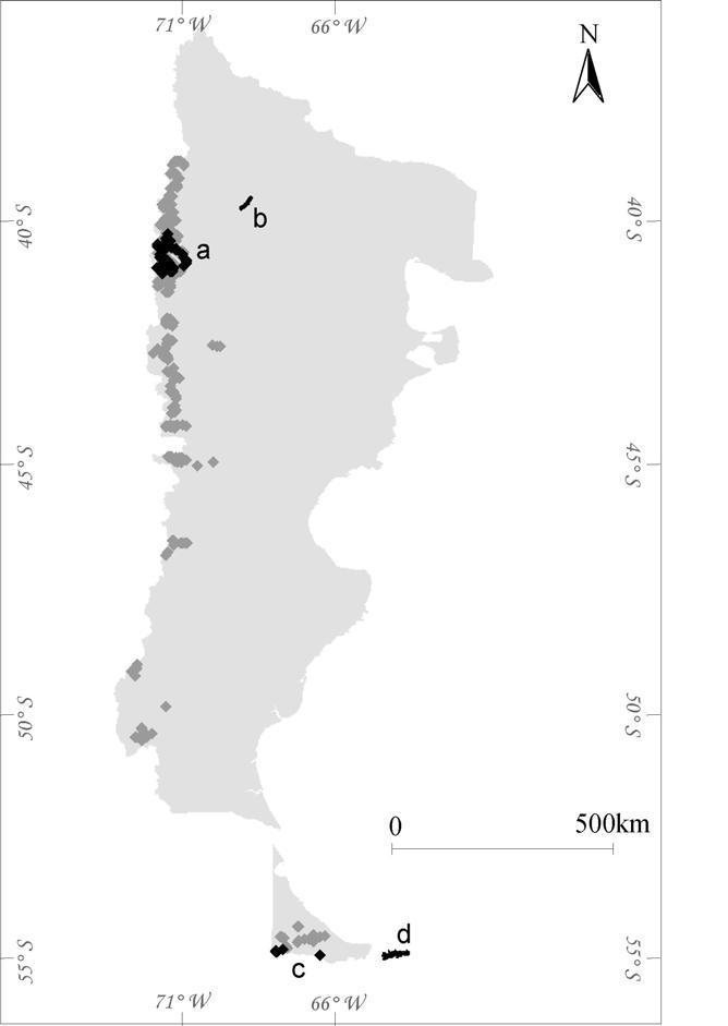 Figure 1: Distribution of four subpopulations of otters Lontra provocax in Argentinean Patagonia* * Grey and black points represent sites without and with otter signs, respectively.