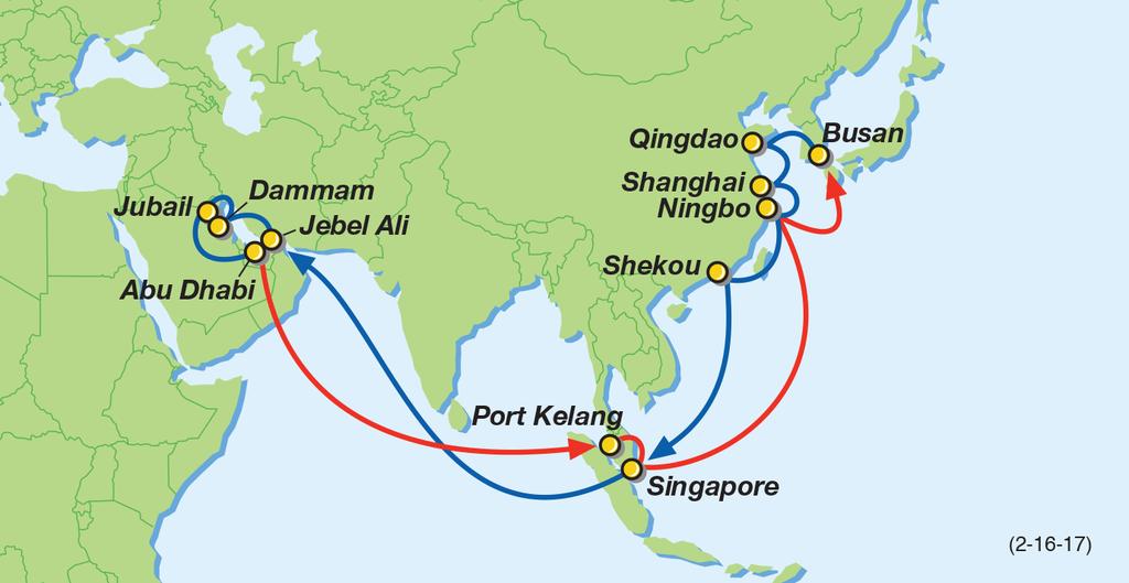 ME AGX: Middle East Shuttle Korea China Southeast Asia Middle East AGX Port Rotation (ETA/ETD) 1 1 / 6 / 1 7 Busan (Tue/Wed) Qingdao (Thu/Fri) Shanghai (Sat/Sun) Ningbo (Mon/Mon) Shekou (Wed/Fri)