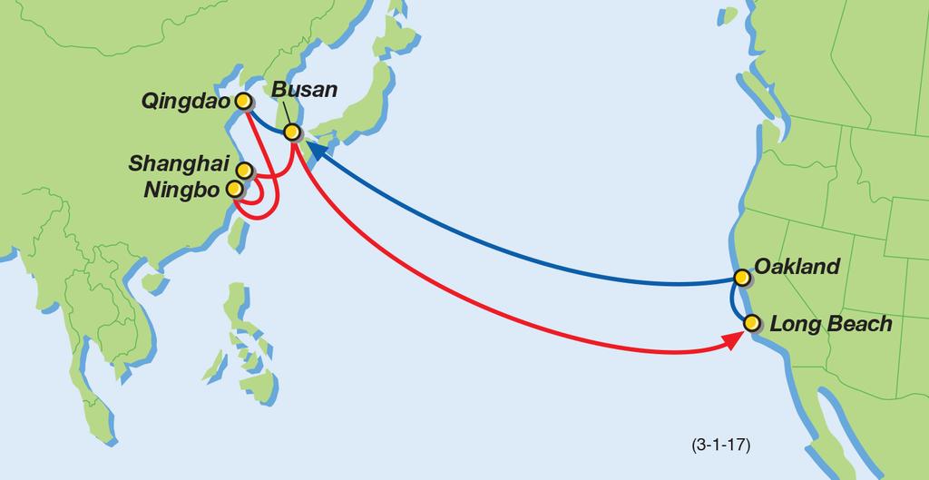 PSW PS6 Service: Central China and Korea-PS Loop U.S. Pacific Southwest South Korea China 1 1 / 3 / 1 7 PS6 Port Rotation (ETA/ETD) Qingdao (Wed/Thu) Ningbo (Sat/Sun) Shanghai (Sun/Mon) Busan
