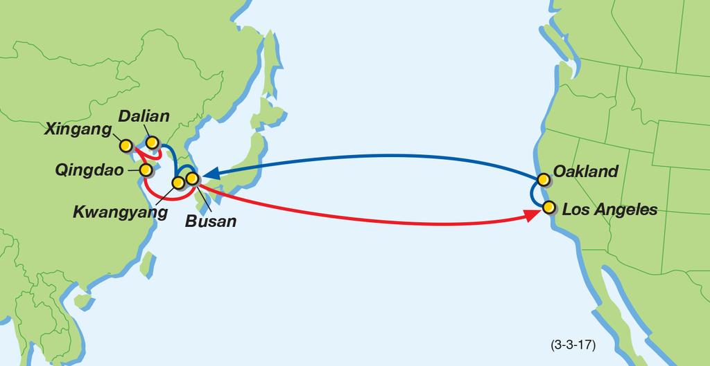 PSW PS8 Service: Bohai and Korea PS Loop U.S. Pacific Southwest Northern China South Korea 3 / 3 / 1 7 PS8 Port Rotation (ETA/ETD) Dalian (Sun/Sun) Xingang (Mon/Tue) Qingdao (Wed/Thu) Busan (Sat/Sat)