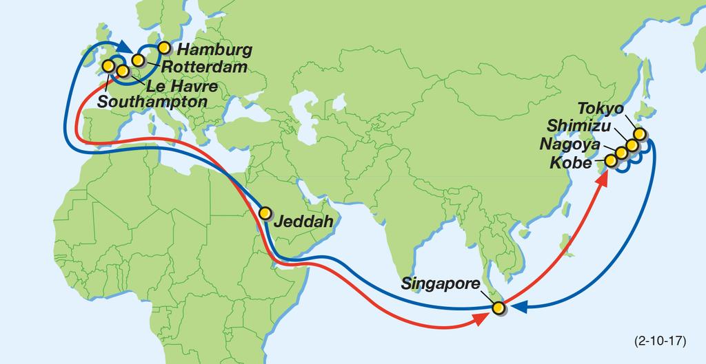 ANE FE1 Service: Japan Loop Japan South East Asia North Europe FE1 Port Rotation (ETA/ETD) 9 2 / 1 4 / 1 7 Kobe (Thu/Fri) Nagoya (Fri/Sat) Shimizu (Sat/Sun) Tokyo (Sun/Tue) Singapore (Mon/Wed) Jeddah