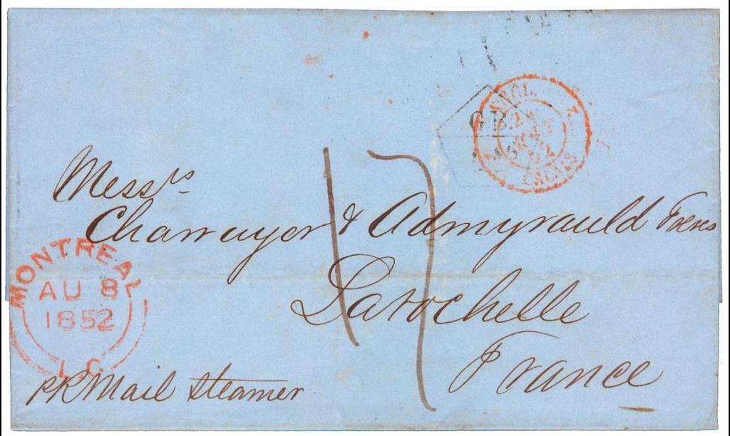 CANADA and NEWFOUNDLAND to FRANCE 1852 and 1856 1852 Canada to France Collect with the pentagon G. B.