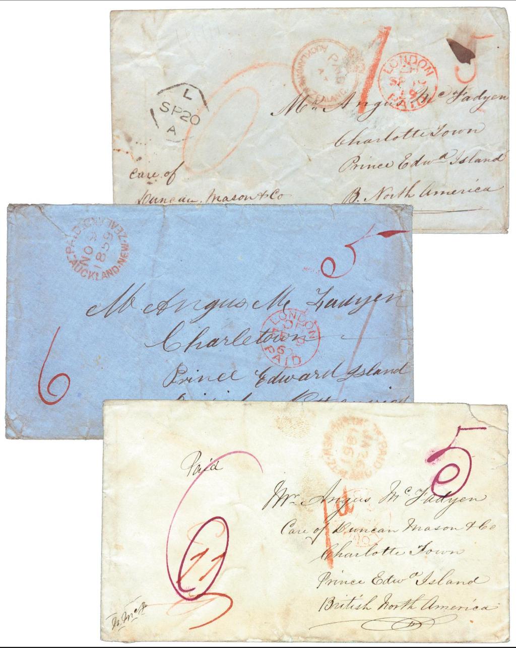 NEW ZEALAND to PRINCE EDWARD ISLAND 1859 1860 and 1861 1859, 1860 and 1861 Prepaid covers New Zealand to