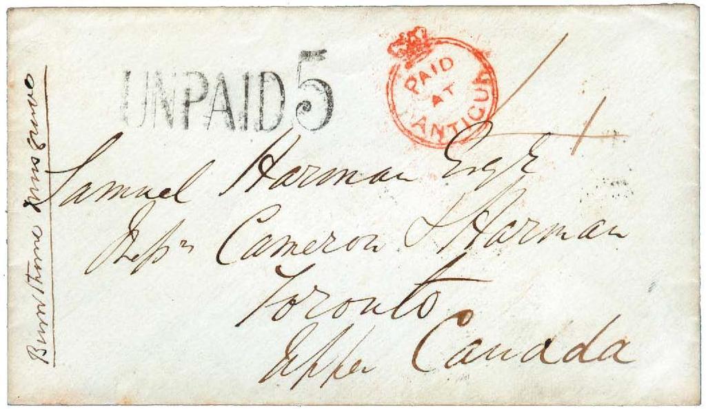 ANTIGUA to CANADA 1861 and BARBADOS to NOVA SCOTIA 1862 1861 PAID AT ANTIGUA Crown Circle on cover Antigua