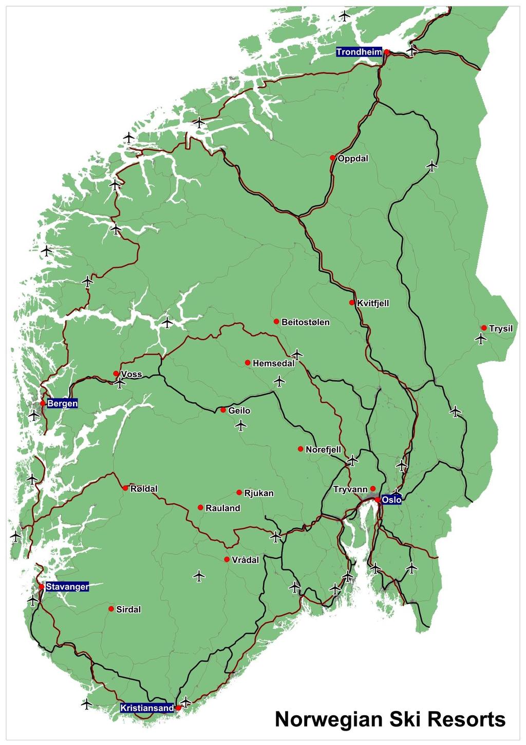 Contract 5, Subject 1: Demand Forecasting 34 Figure 2.14 displays the location of the prominent ski resorts in Norway, as well as the connecting transport networks.