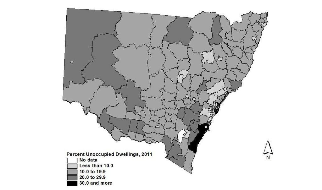 Figure 1.1: New South Wales, percent of dwellings unoccupied by SLA, 2011 Source: ABS, 2011 Census Figure 1.