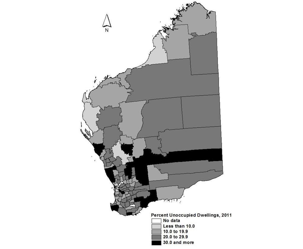 Figure 1.5: Western Australia, percent of dwellings unoccupied by SLA, 2011 Source: ABS, 2011 Census In the case of the sea change LGAs being examined in the present study, Table 1.