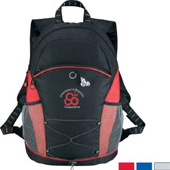 4 Twister Backpack Prev. Product Name Twister Backpack Descrip on Backpack made of 600d polycanvas. Zippered main compartment. Zippered front pocket with earbud port access.
