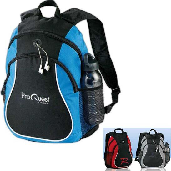 5 Coil Backpack Prev. Product Name Coil Backpack Descrip on Backpack made of 600d polycanvas. Large zippered main compartment with headphone port. Zippered front pocket. Side mesh water bo le pockets.