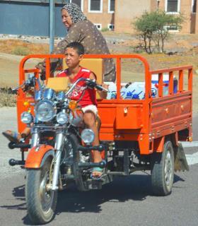 Young boy drives a trike-load