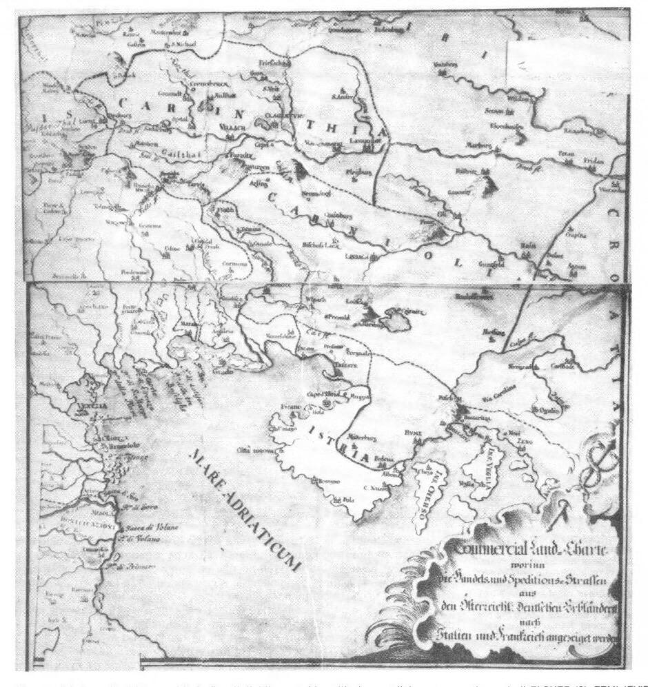Slika 4: Komercialni zemljevid trgovskih in špedicijskih cest, ki vodijo iz avstrijskonemških dežel proti Italiji in Franciji (Elsner) Sredi 18.
