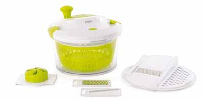 The bowl doubles as the base of a salad spinner that efficiently dries all types of leafy greens.