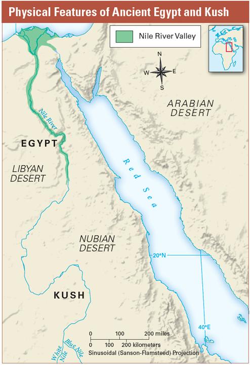 This map shows bodies of water that encouraged settlement and travel in parts of ancient Egypt and Kush. It also shows deserts, which made life and travel hard.