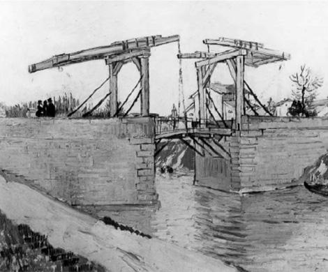 У по све ти ак ту ел ној сли ци, Ван Гог се по гре шно по звао на ње га као Pont de l An gla is (сли ка 3). Слика 3 Мост Ланглоа у Арлу, цртеж 1888.