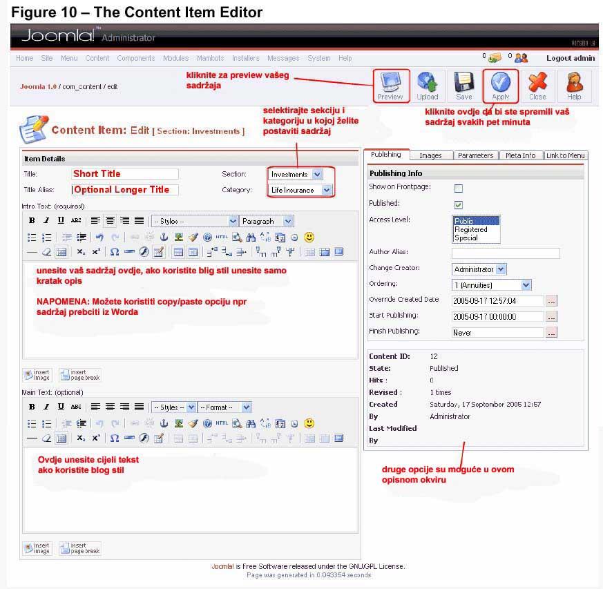 Slika 10 'Opisni okvir' (publishing info) (slika10 desno) donosi ekstra opcije za upravljanje sadržajem.
