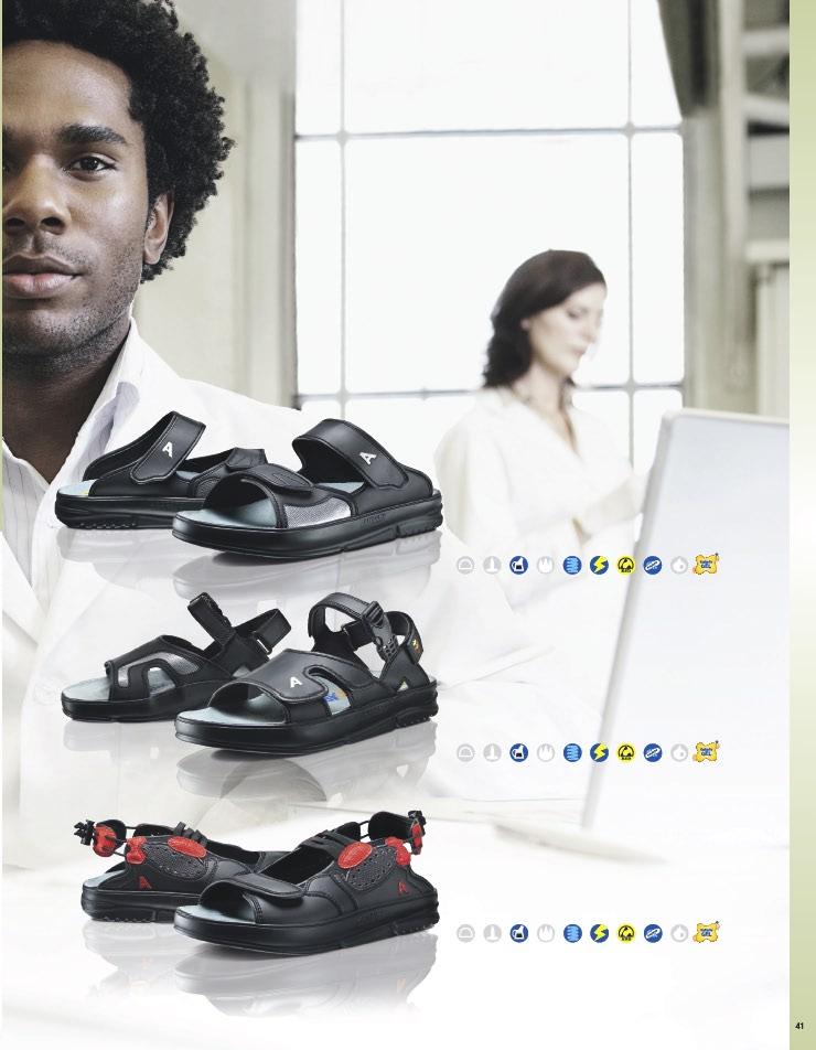 ARBESKO occupational shoes Model 1327 A lightweight, comfortable sandal with adjustable Velcro straps and ESD function. Upper: PU-coated microfibre with leather feel.