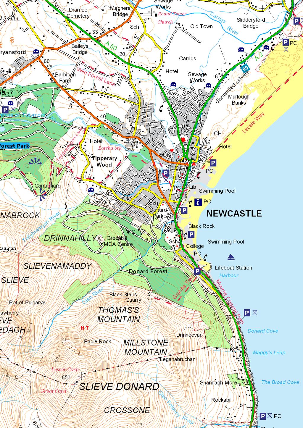 Newcastle N E 0 cale 4cm : 1km 1km 2km Newcastle is set in a stunning location on the Irish ea and at the base of lieve Donard, the highest of the Mourne Mountains peaks.