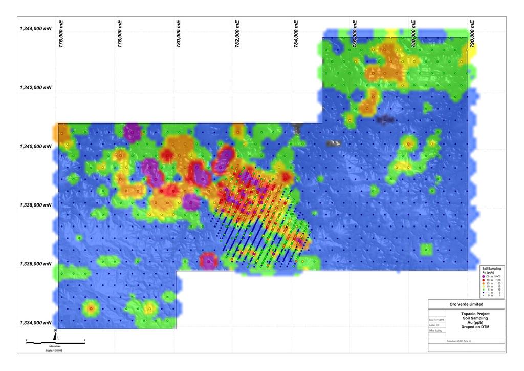 Rebeca Target Zone - geochemistry Topacio Resource Area Rebeca-Sahino Zone - Infill soil