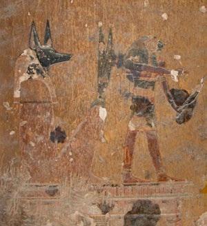 Chamber E cont. The rear (south) wall of the burial chamber (E36-39) is illustrated with two figures of Osiris arranged in antithetical composition in the center of the rear wall.