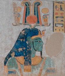 Of note is the figure of Ptah who is standing within his shrine and is painted with his characteristic green skin on the south wall at the entrance.
