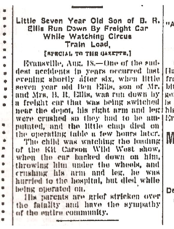 Evansville Child Dies of Injuries Late Last Night Janesville Gazette, p. 1, August 18, 1911, Janesville, Wisconsin Little Seven Year Old Son of B. R.
