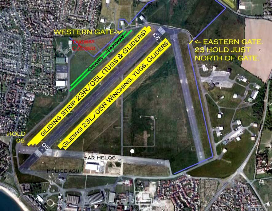 1. The Airfield Figure 1: Airfield Diagram showing the MCA Fence (Blue), Grass Taxiway (Green), Impassable Gate: (Red), Gates Passable WITH CARE (Yellow), The Gliding Strips.