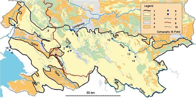 GROUNDWATERS OF SERBIAN AND SLOVENIAN DINARIC KARST - COMPARISON OF CURRENT STATUS, USE,... Fig. 4: Hydrogeological map of the Dinaric karst in Slovenia (Legend: 1. Boundary of the Dinaric karst, 2.