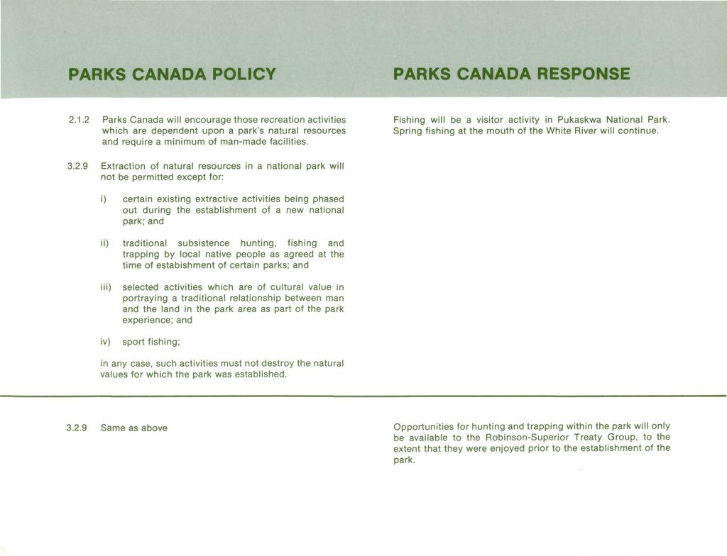 PARKS CANADA POLICY PARKS CANADA RESPONSE 2.1.
