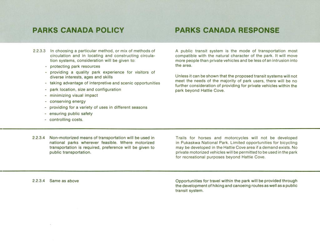 PARKS CANADA POLICY PARKS CANADA RESPONSE 2.2.3.
