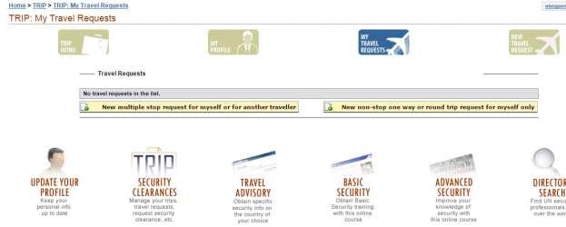 Click on TRIP Security Clearances. 4. Depending on your travel, click on the relevant yellow button: 4.