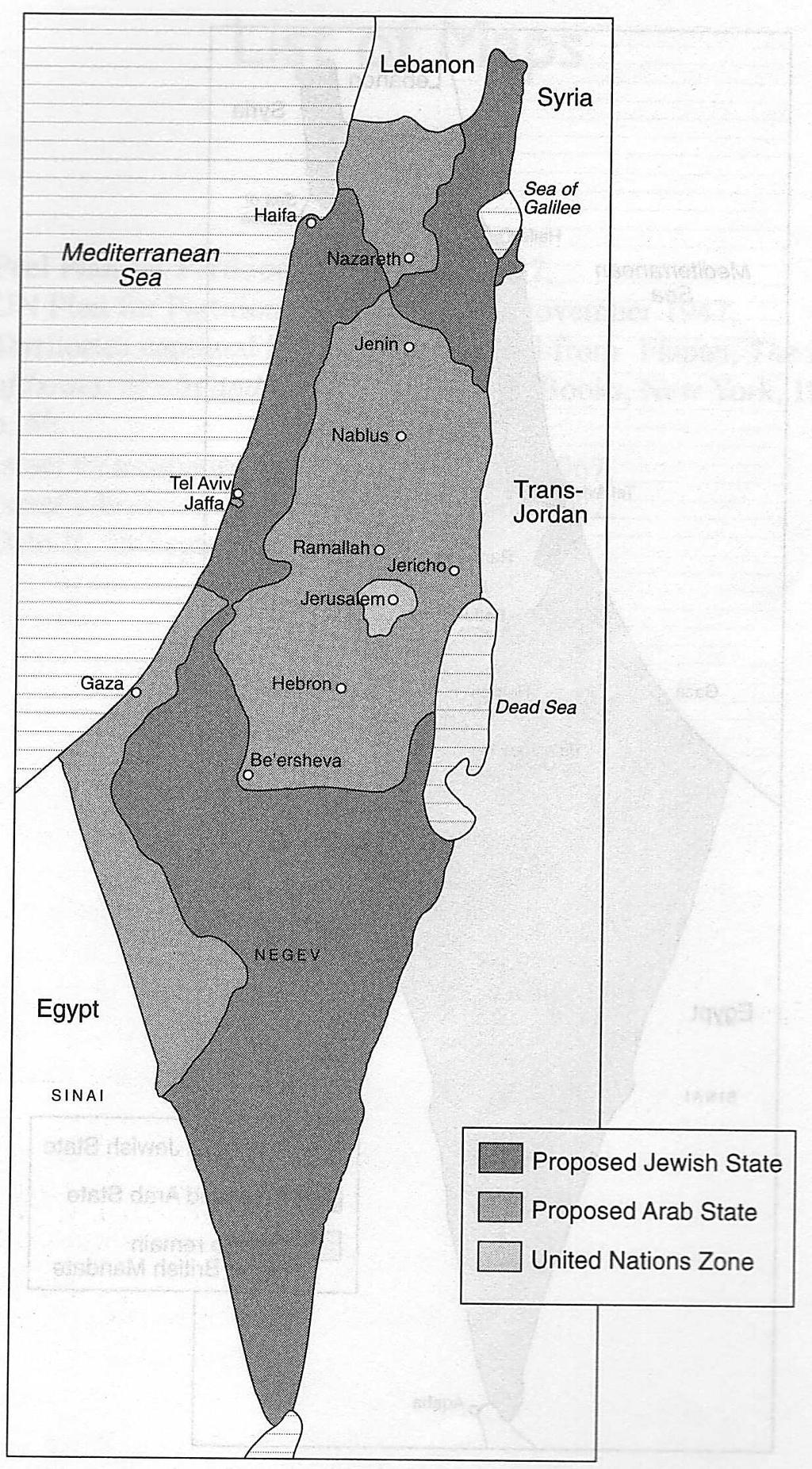 Slika 1: Načrt ZN za razdelitev Palestine Vir: Bregman, 2003, XII Že v zadnjih dneh angleškega mandata, ko so razmere v deželi eskalirale, se je začel množični beg Arabcev.