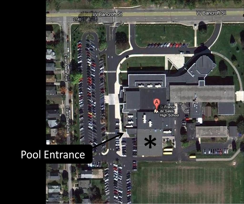 St. Francis de Sales High School 2323 West Bancroft St. Toledo, OH 43607 To reach the pool, turn south from W. Bancroft St. into the St. Francis campus.