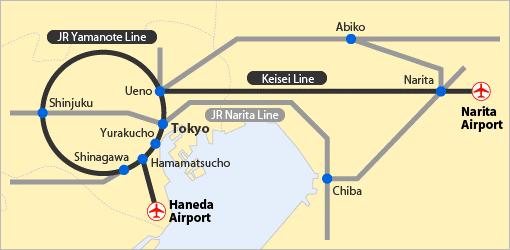 Access to central Tokyo from the international airports From Narita Airport Narita airport is about 60 km away from central Tokyo and is a 60-minute ride by Express Train.