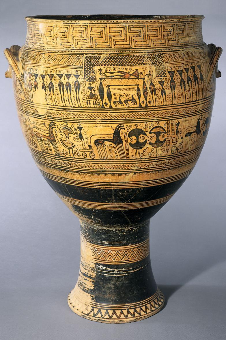 Geometric Art Dipylon Krater The paintings on the vase are some of the earliest examples of Greek figure painting. Human figure and animals are represented as 2D, geometric shapes.