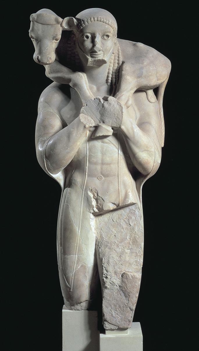 Archaic Statuary Calf Bearer The kouros figure s left foot steps forward, a stance characteristic of Egyptian statuary. However, unlike Egyptian figure, the calf bearer is mostly nude.