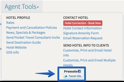 Sharing Offers on Facebook and Twitter On the hotel profile under Agent Tools you will also see the icons that allow you to share a hotel profile via Facebook