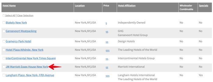 Next, the results displayed include all hotels in the Hotels and Resorts Program for New York.