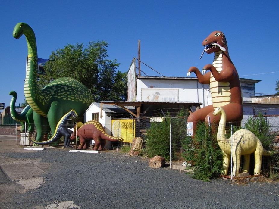 The lower picture features the dinosaurs that guard the Rainbow Rock Shop.