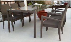 outdoor > furniture > table set Dining Table with 6 Chairs (Large) Art# 20007-1 Table + 6 chairs with armrest - Aluminum frame with waterproof weaves - High-density foam cushions with polyester