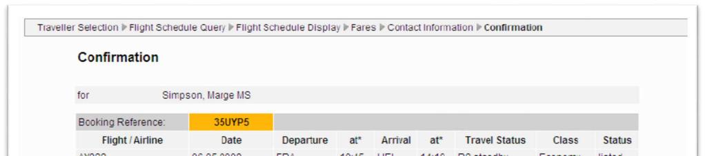 12 Confirmation page The confirmation page contains one booking/listing information block per created PNR. Each block shows the booked/listed flight segments and the related booking code.
