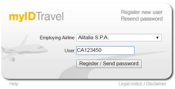 Select Alitalia S.p.A. from Employing the Airline list. In the field USER insert your corporate registration or retired / former employee, in the format "CA123450".