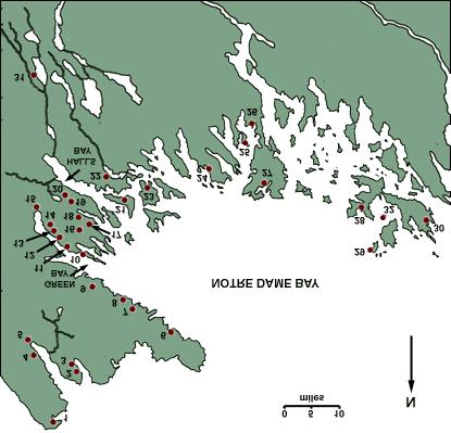 Map 2: Mines of Notre Dame Bay 1. Fleur de Lys 2. Barry and Cunningham 3. Goldenville 4. Baie Verte 5. Terra Nova 6. Tilt Cove 7. Betts Cove 8. Burtons Pond 9. Muirs Pond 10. Bear Cove 11.