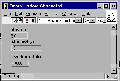 Demo Update Channel.vi je bazirana na AO Write One Update koja upisuje vrijednost napona na svaki od specificiranih analognih izlaznih kanala.